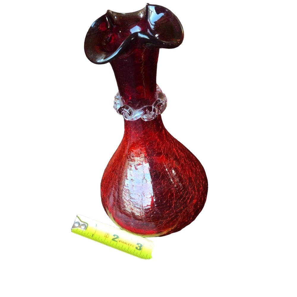 Vtg Ruby Red Amber Crackle Glass Hand Blown Bud Vase Ruffled Rim Applied Rigaree - Picture 9 of 16